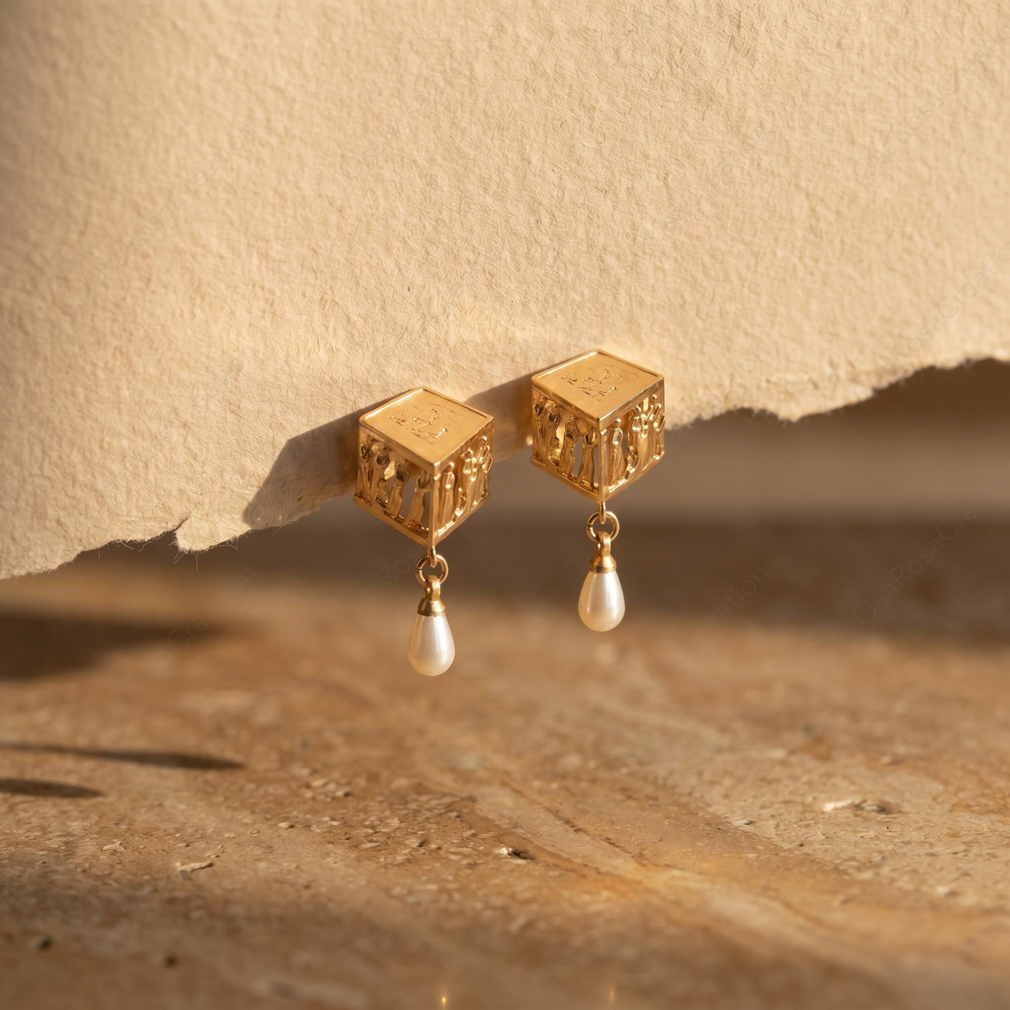 Ancient Greek Plato Academy Earrings | Museum Style Gold Earrings with Pearl Drop | Philosophy Inspired Jewelry