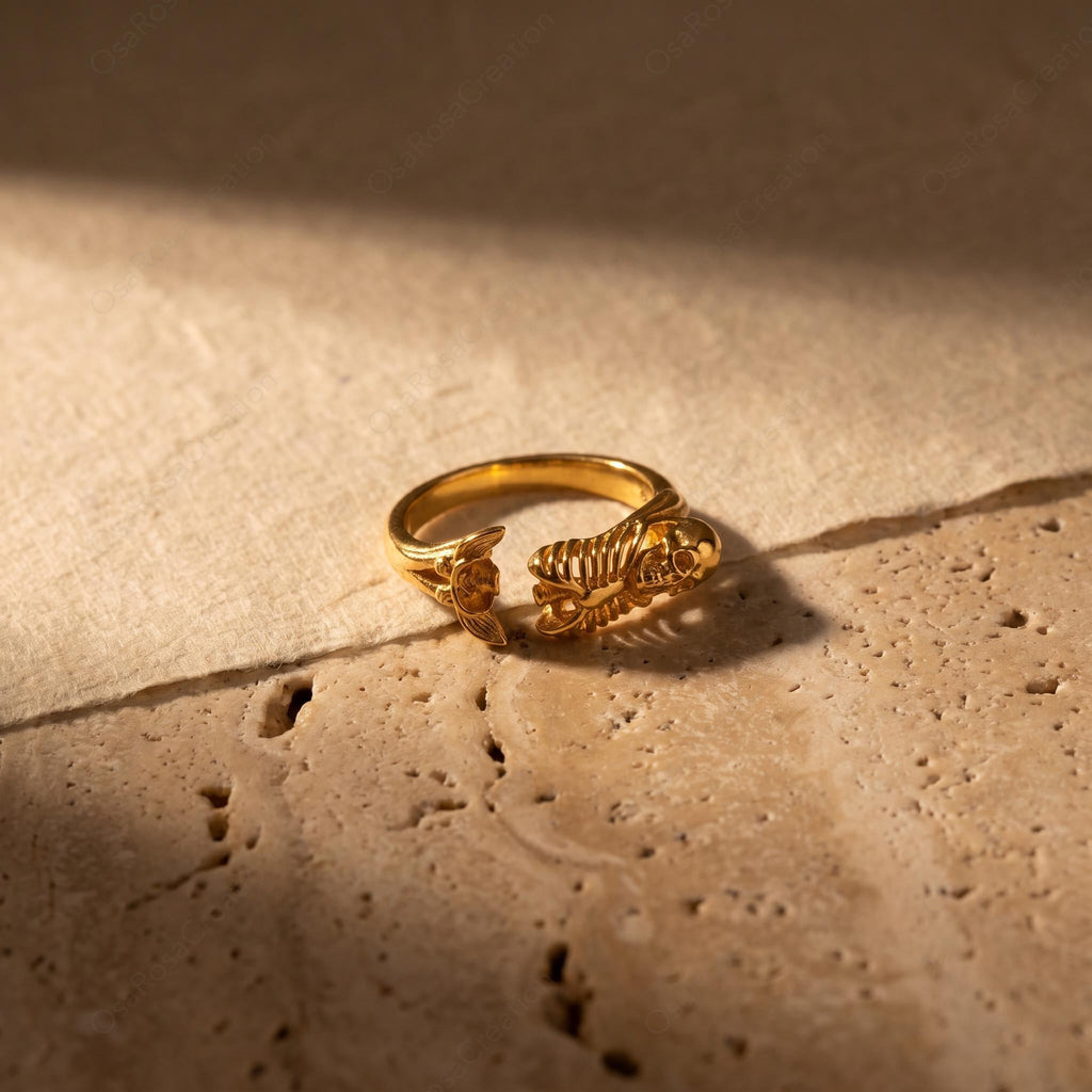 Gold Skull Ring | Adjustable Brass Skeleton Mermaid Tail Statement Jewelry