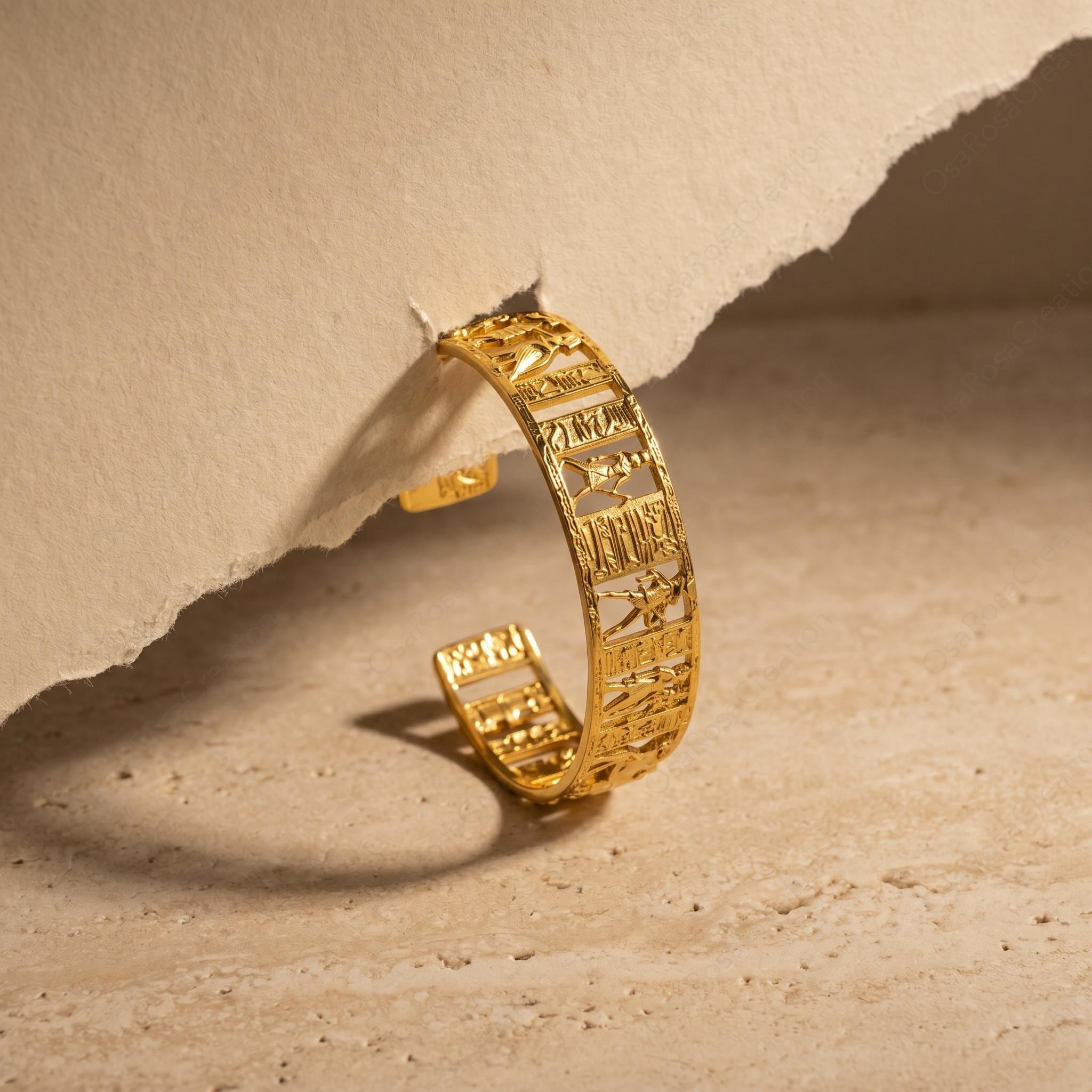 Ancient Egyptian Openwork Cuff Bracelet, Gold Sculptural Bangle, Hieroglyph Art Jewelry