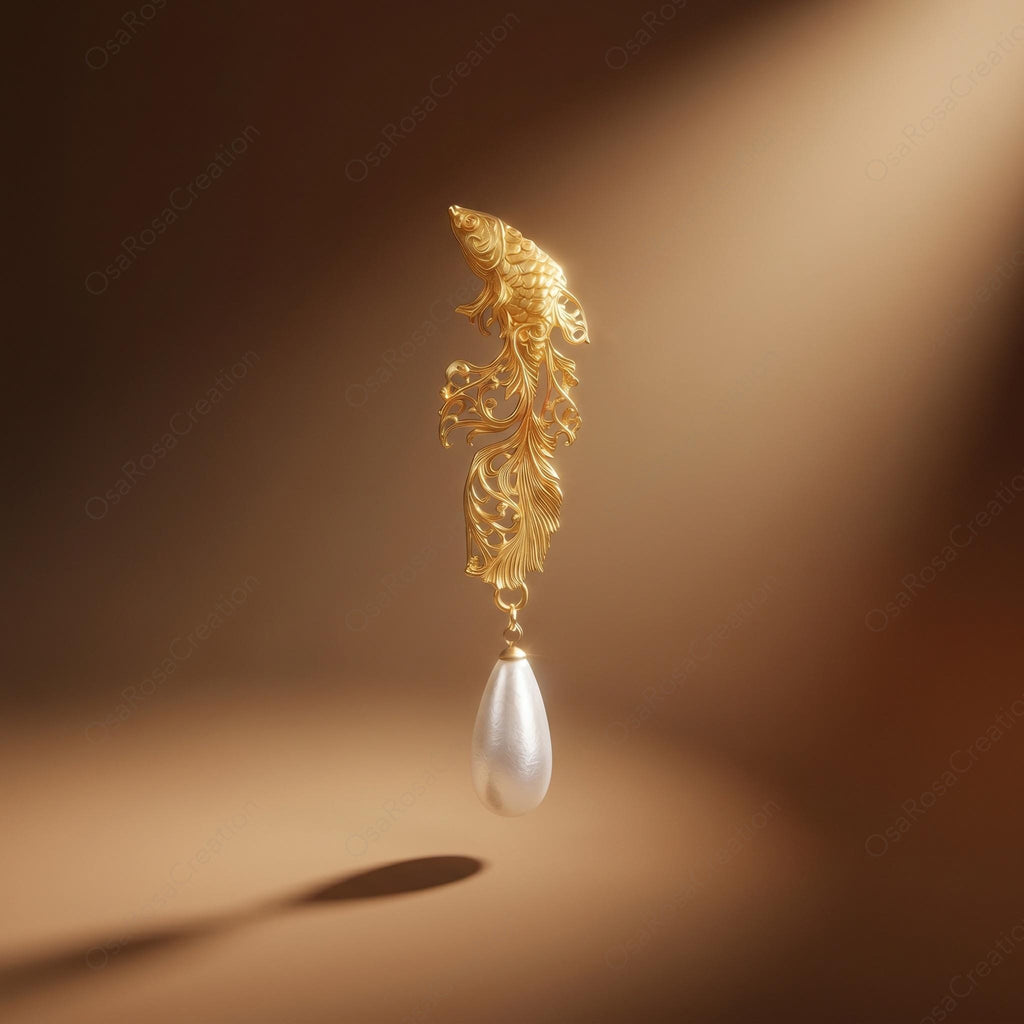 Pisces Zodiac Earrings | Gold Fish Dangle with Pearl