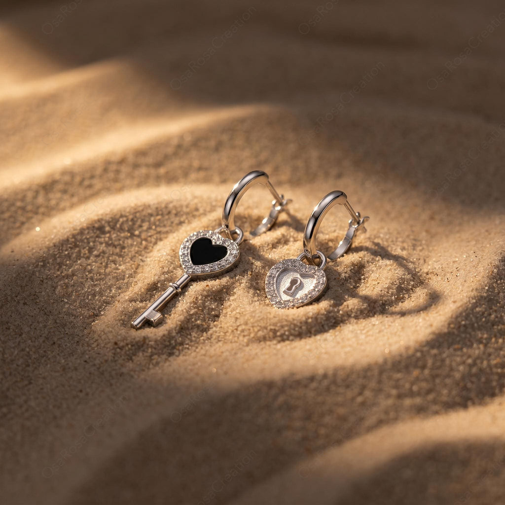 Asymmetrical Lock and Key Heart Earrings, Sterling Silver Mismatched Hoop Jewelry
