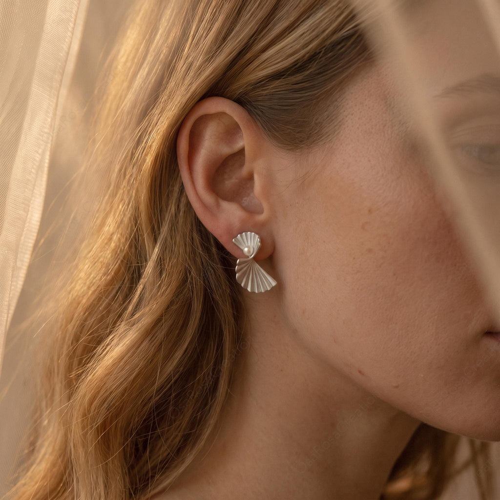 Sculptural  Silver Fan Earrings with Pearl, Ocean Coastal Jewelry
