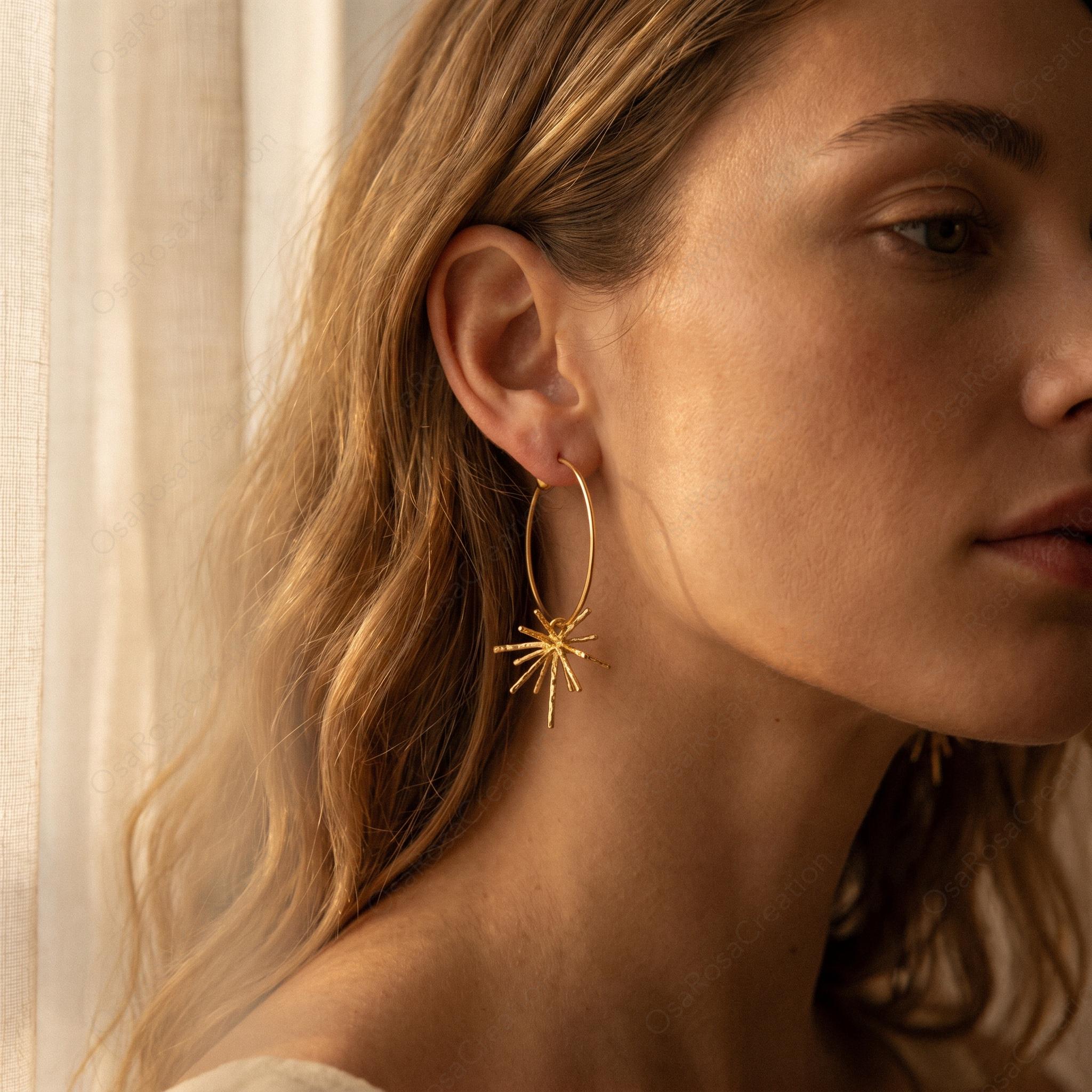Hammered Gold Sunburst Hoop Earrings, Celestial Starburst Dangle Jewelry