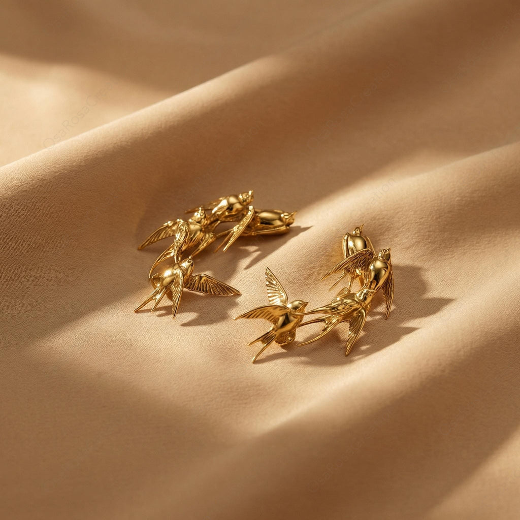Gold Swallow Flock Earrings: Sculptural Bird Clip-on, Nature Inspired Artistic Jewelry