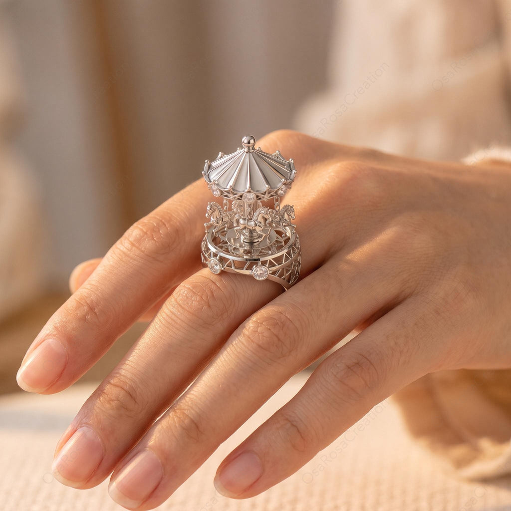 3D Carousel Dome Ring, Platinum-Plated Brass, Cubic Zirconia Fairytale Jewelry