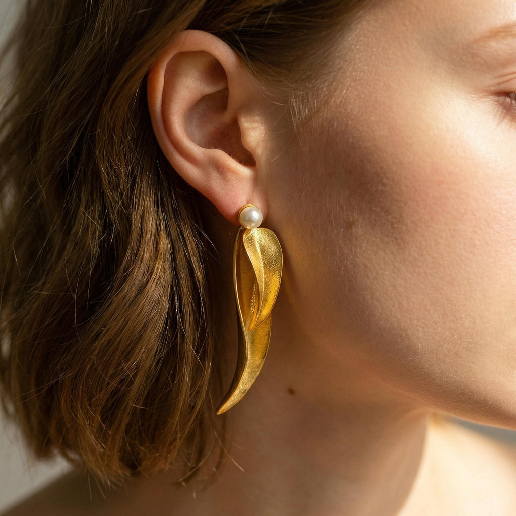 Brushed Gold Leaf Earrings • Pearl Dangle, Botanical Jewelry