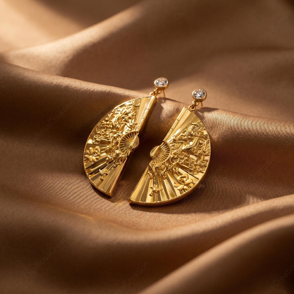Gold Fan Earrings, Engraved Art Deco Statement Dangle Jewelry