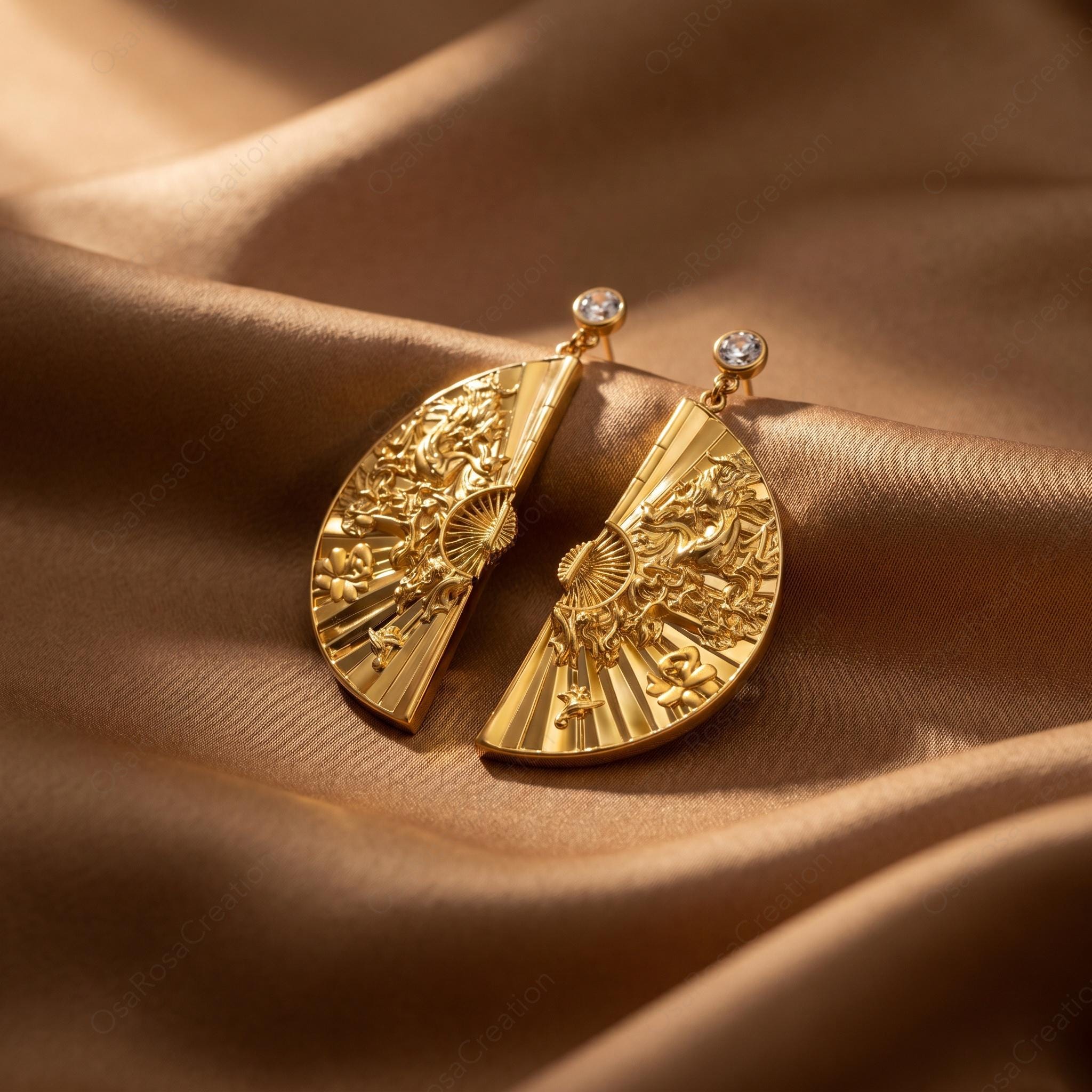 Gold Fan Earrings, Engraved Art Deco Statement Dangle Jewelry