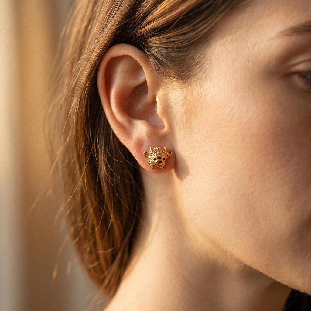 Gold Highland Cow Stud Earrings, Dainty Nature Inspired Jewelry, Sterling Silver Posts