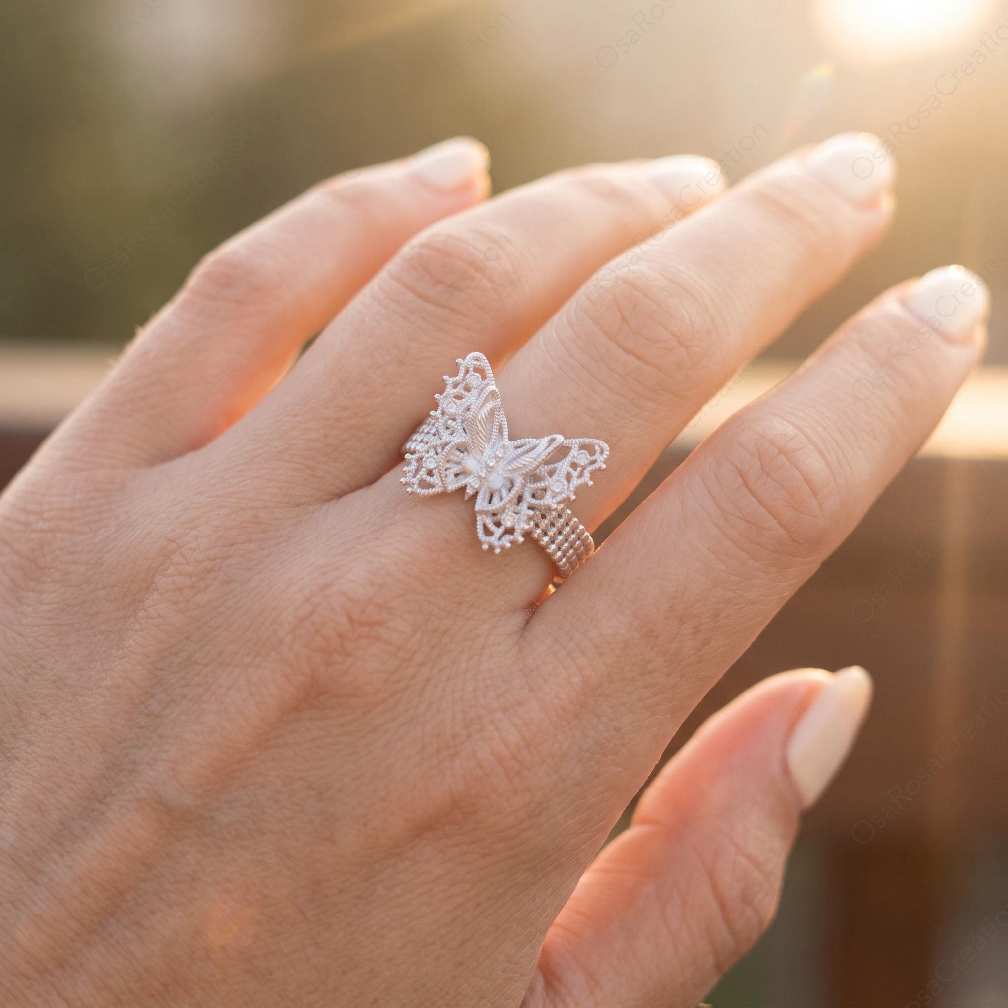Silver Filigree Butterfly Ring, Lace Openwork Insect Jewelry, Vintage Style Beaded Band Ring, Adjustable Statement Ring, Gift for Her