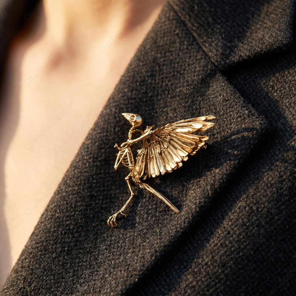 Gold Bird Skeleton Brooches, Anatomical Bird Jewelry, Dark Academia Accessories, Sculptural Wing Brooches, Gothic Nature Inspired