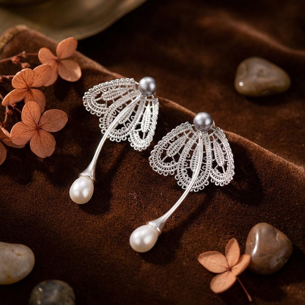 Silver Filigree Pearl Earrings • Art Nouveau Victorian Bridal Jewelry