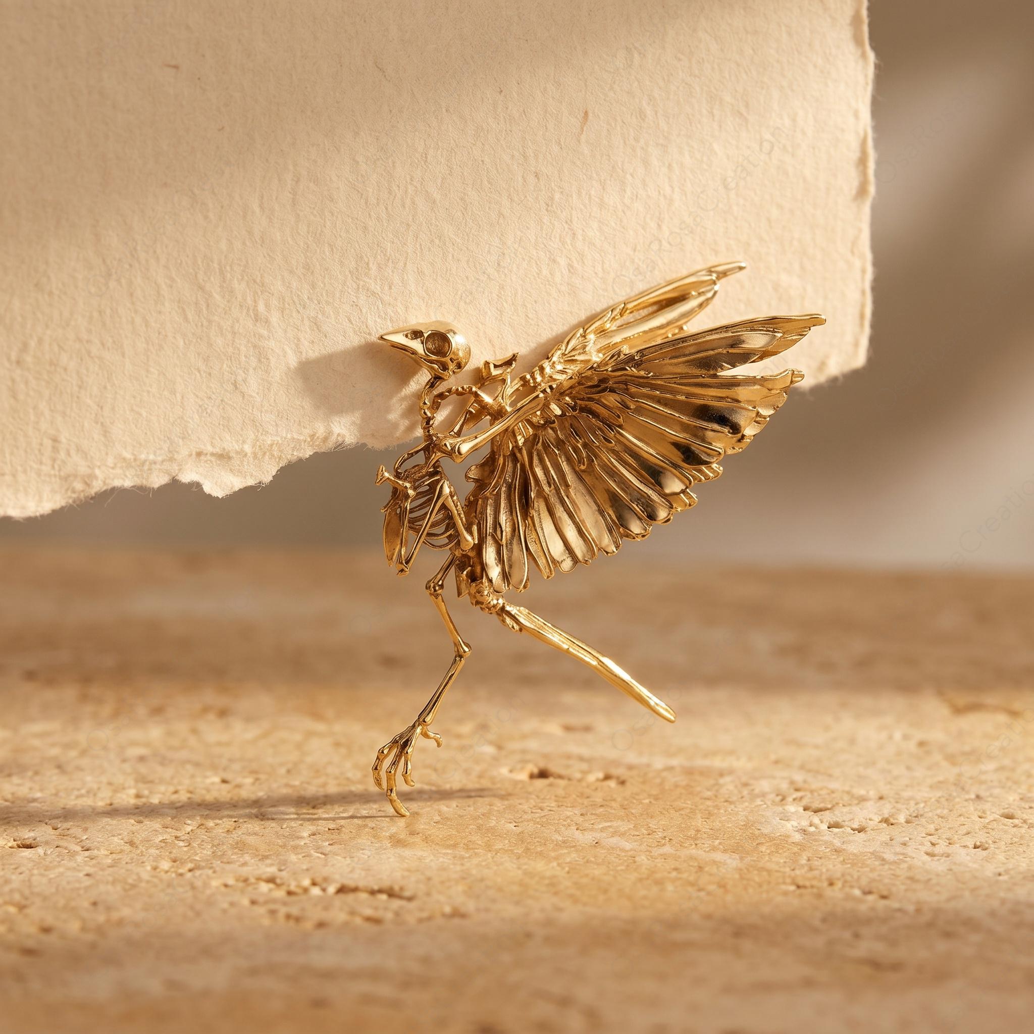 Gold Bird Skeleton Brooches, Anatomical Bird Jewelry, Dark Academia Accessories, Sculptural Wing Brooches, Gothic Nature Inspired