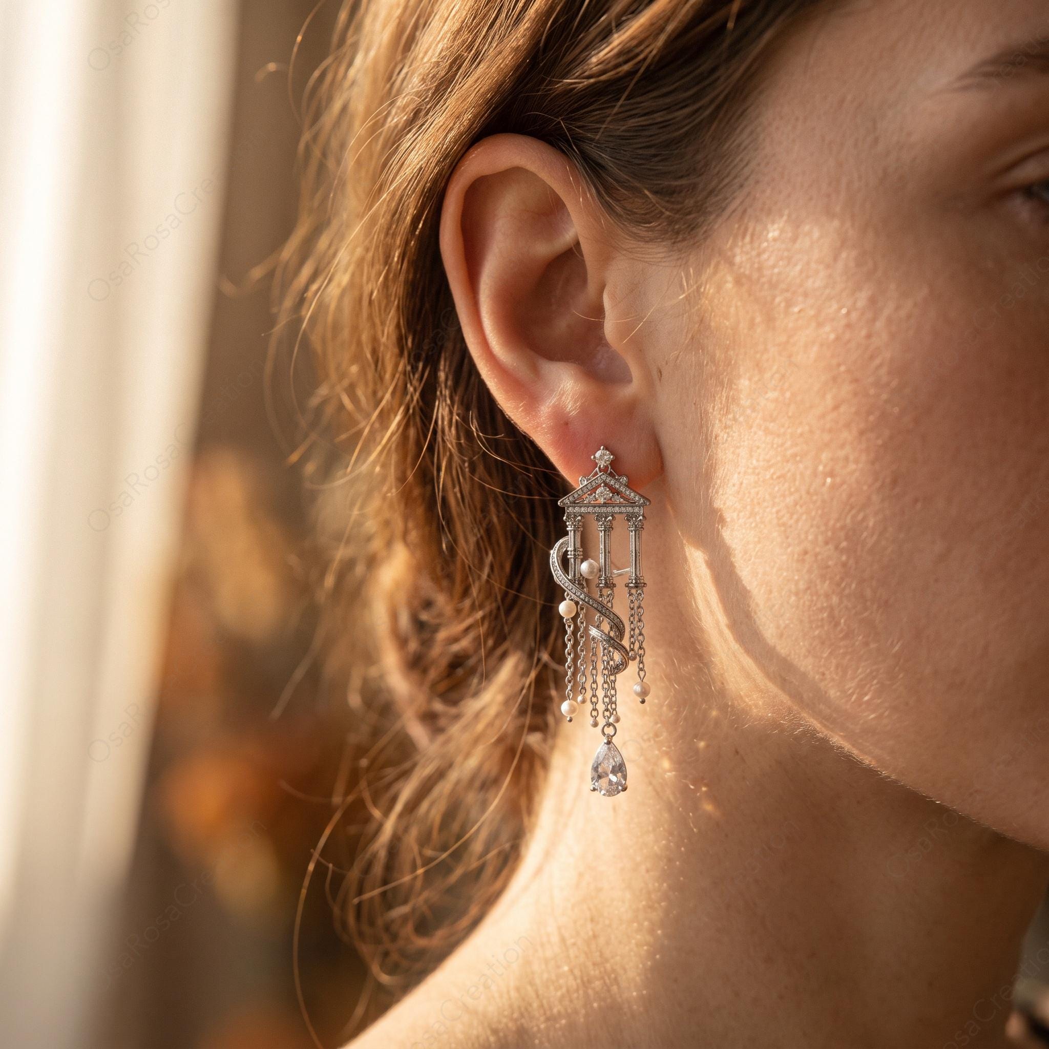 Architectural Drop Earrings, Silver Temple Dangle Earrings, Pearl Tassel Earrings, Classical Antiquity Jewelry, Elegant Statement Drop
