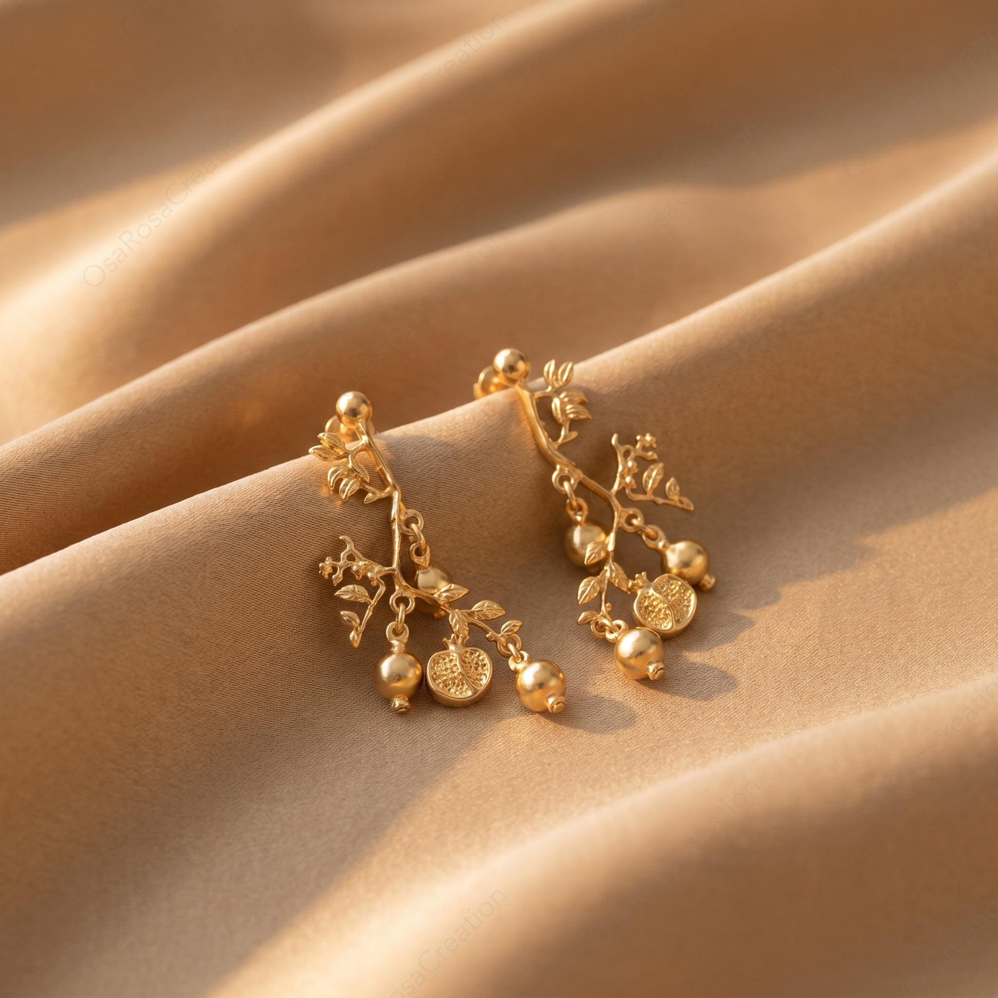 Pomegranate Earrings Gold Botanical Style | Nature Inspired Drop Earrings | Baroque Plant Jewelry for Women 5cm
