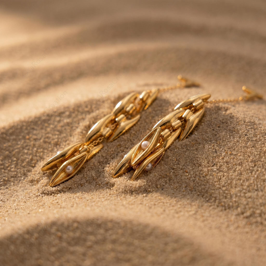 Sculptural Gold Pearl Drop Earrings, Nature Inspired Botanical Jewelry