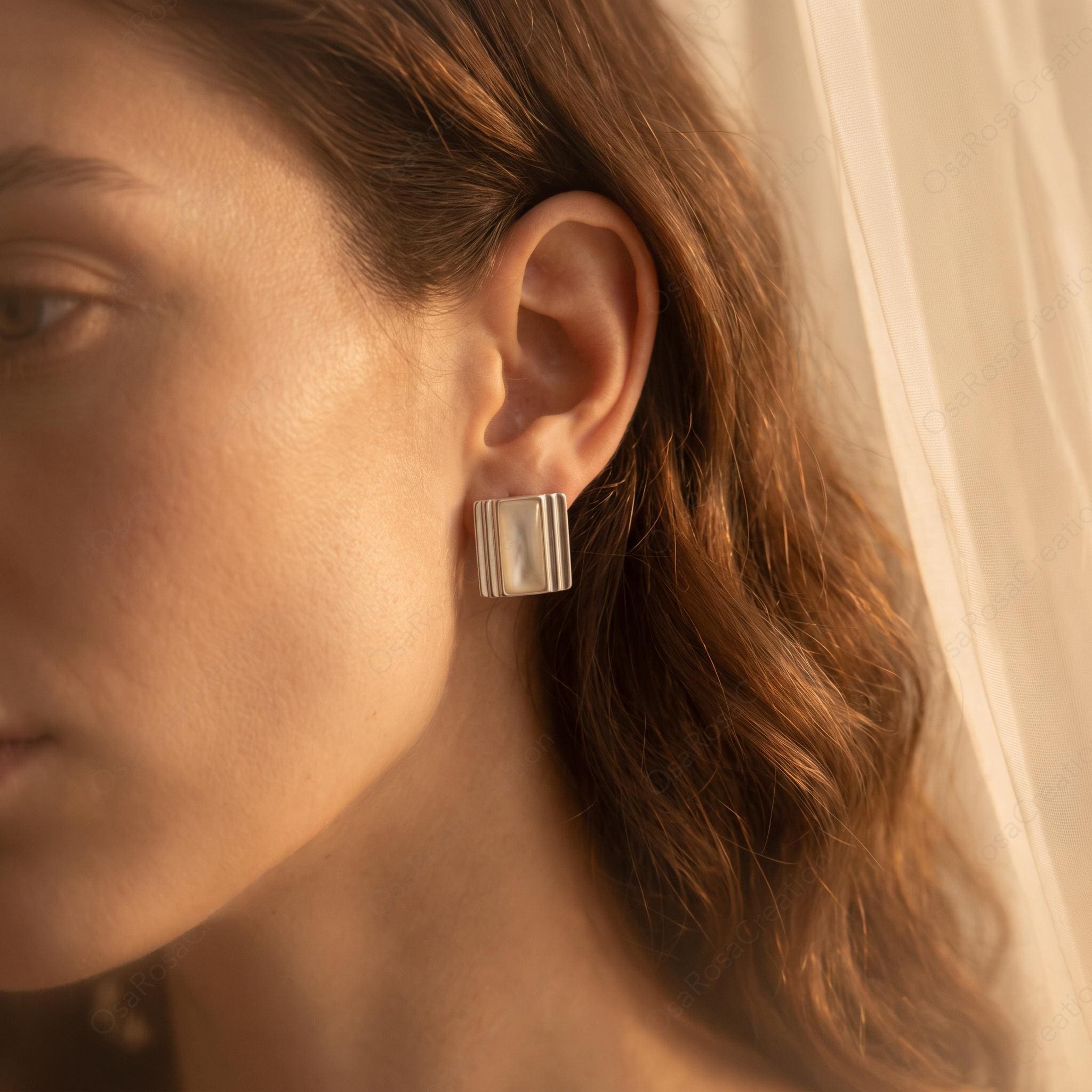 Art Deco Silver Rectangular Stud Earrings, Geometric Black White Architecture Jewelry