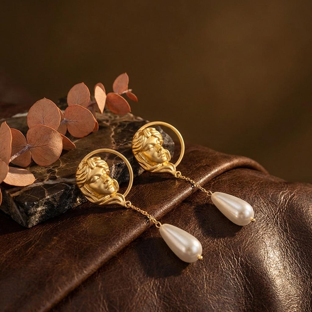 Aphrodite Goddess Earrings • 18k Gold Coin & Teardrop Pearl