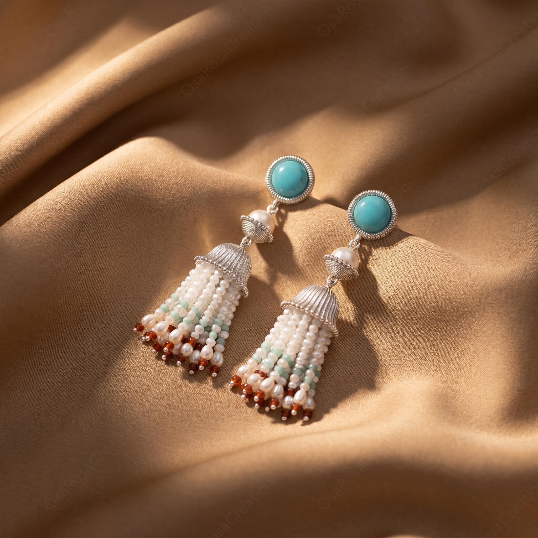 Artisan Sterling Silver Pearl Tassel Earrings, Mediterranean Blue Stone Bohemian Dangles