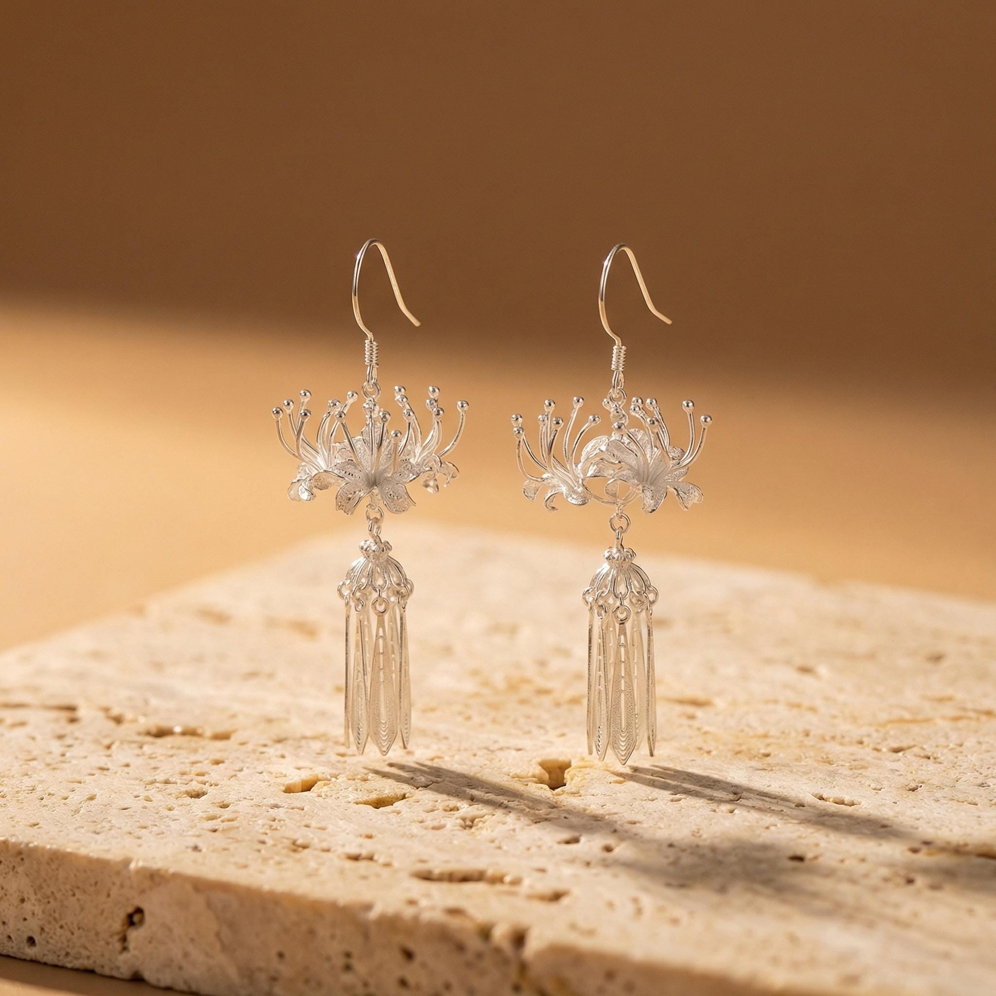 Spider Lily Filigree Drop Earrings – Sterling Silver Floral Dangles, Elven Fantasy Jewelry
