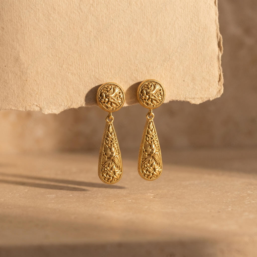 Gold-Plated Brass Botanical Teardrop Earrings, Victorian Embossed Dangle Jewelry