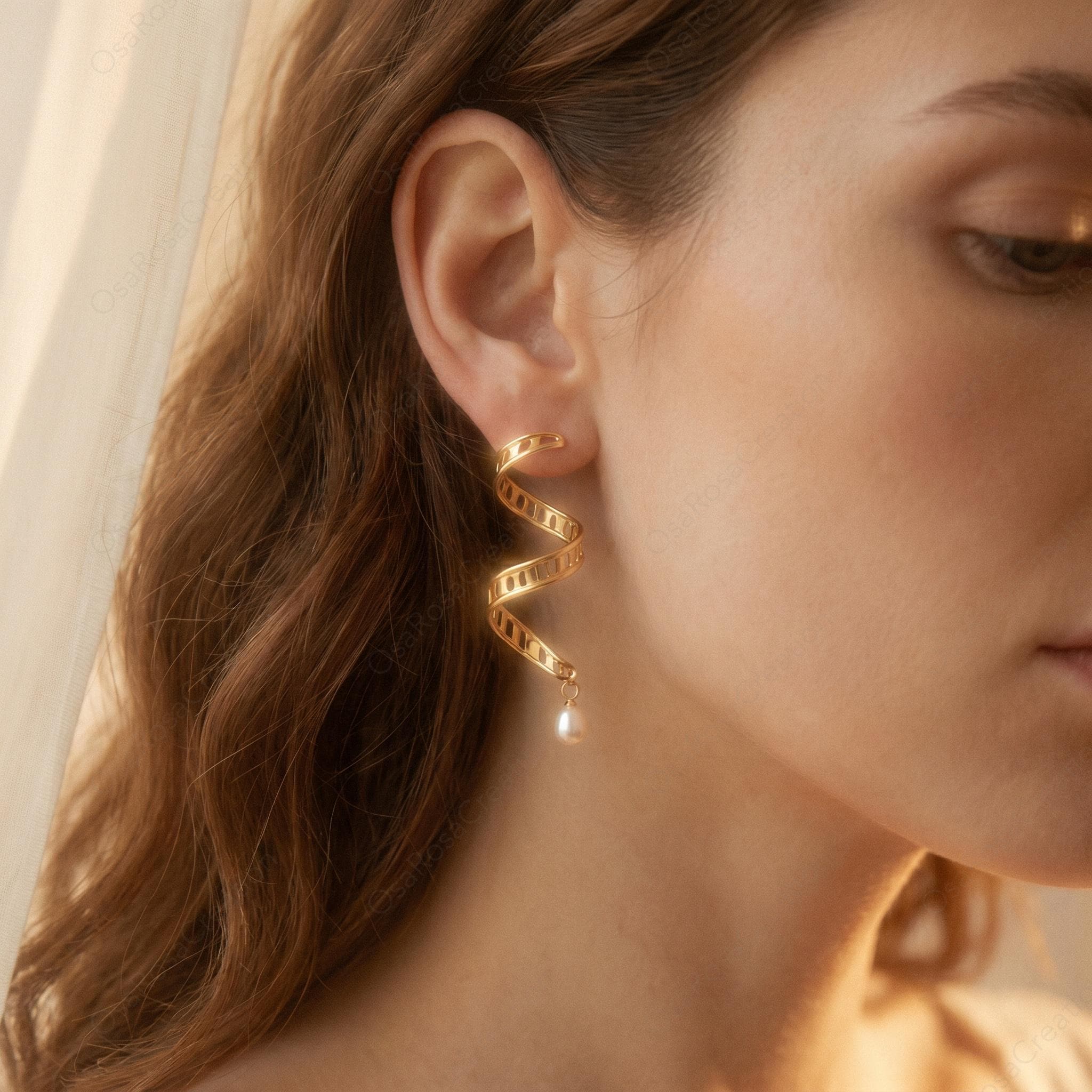 Gold DNA Helix Earrings • Pearl Drop, Science Jewelry