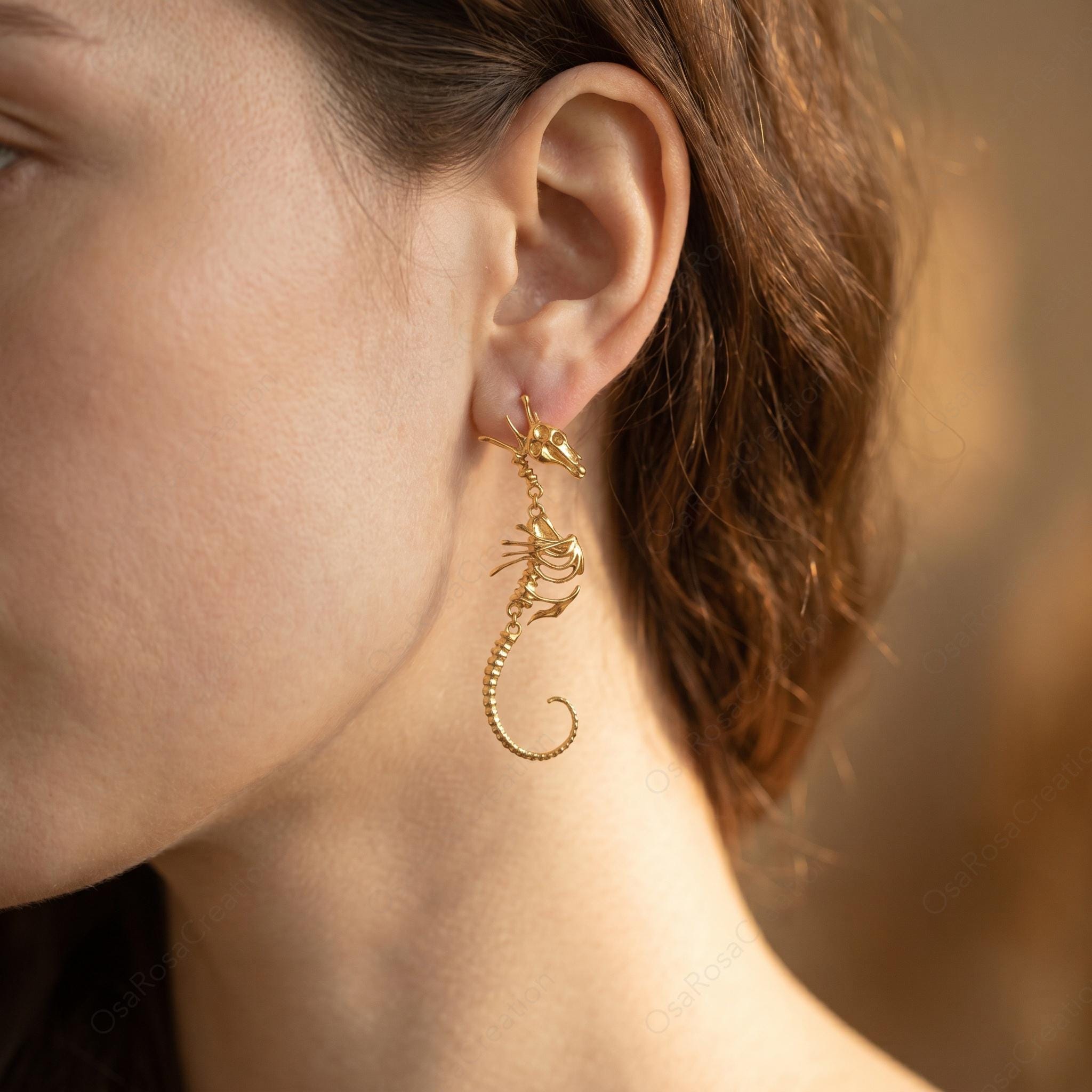 Siren’s Abyss Flower Seahorse Bone Earrings — Gold Plated Jewelry