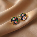 Vintage Floral Enamel Earrings, Deep Blue Botanical Studs, Gold Framed Flower Jewelry