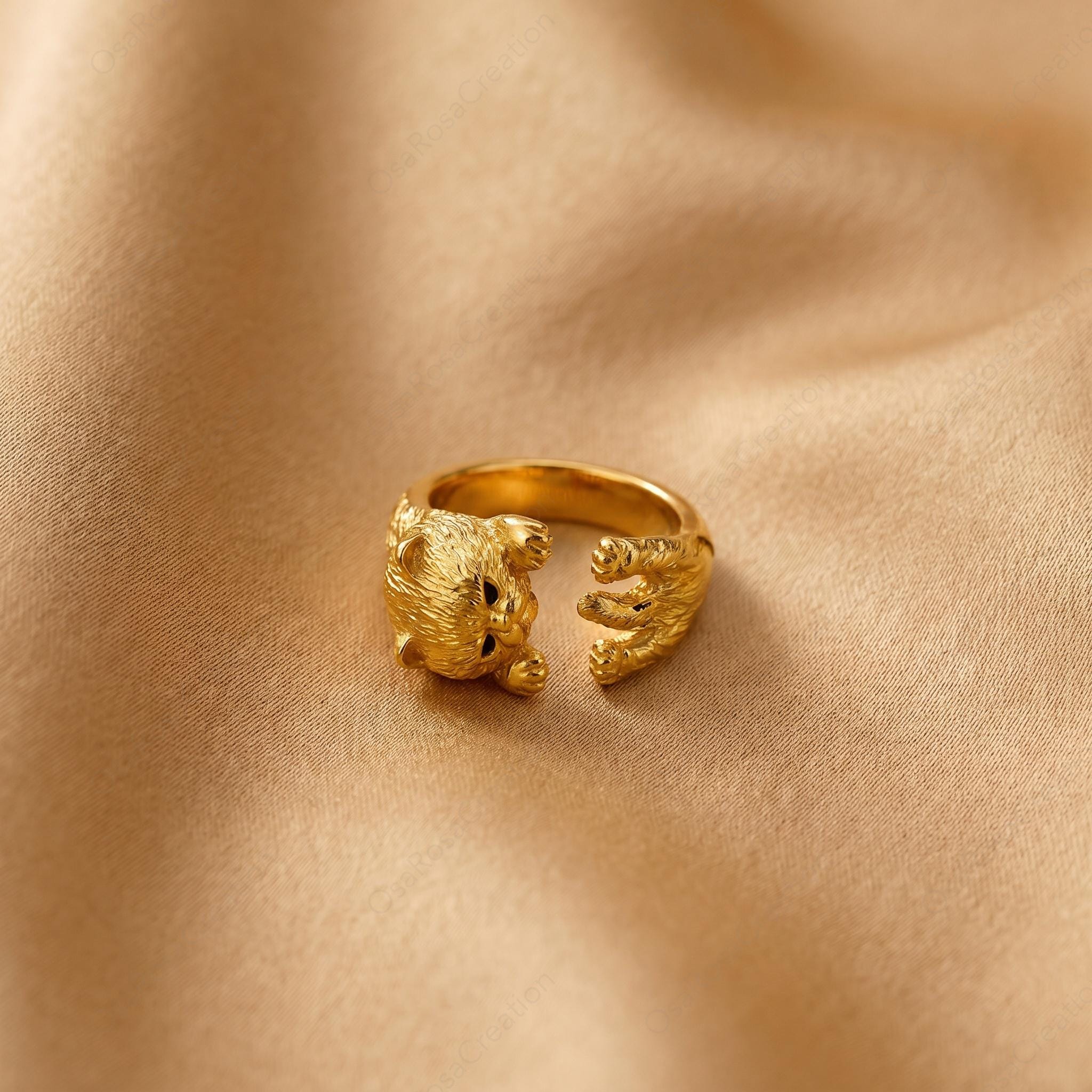 Sculptural Gold Cat Wrap Ring | Textured Feline Animal Jewelry