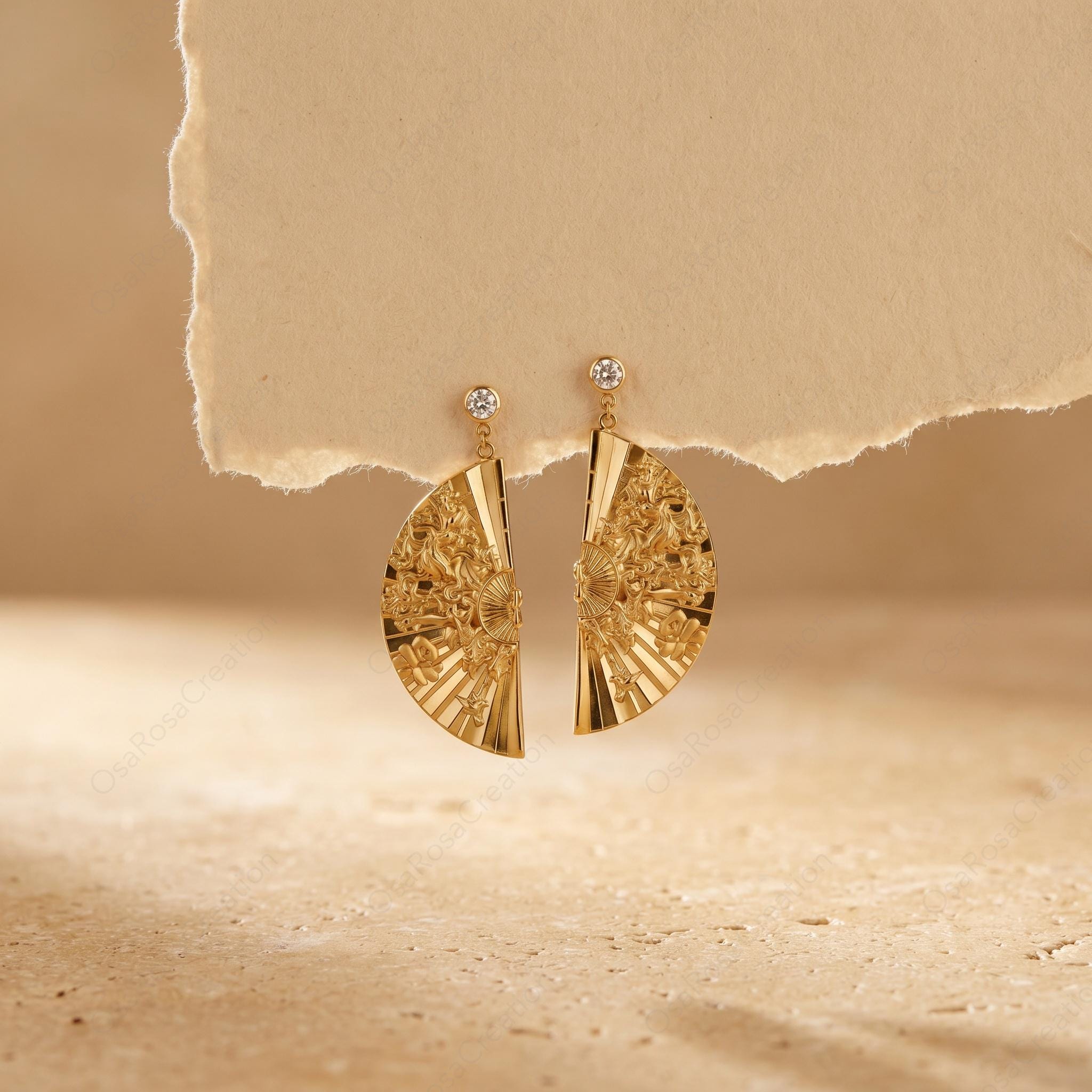 Gold Fan Earrings, Engraved Art Deco Statement Dangle Jewelry