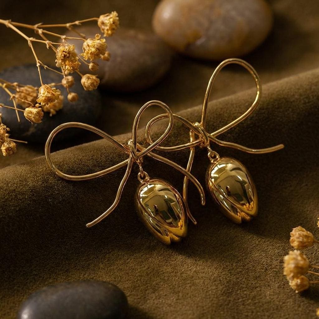 Gold Tulip Ribbon Bow Earrings • Balletcore Dangle Jewelry