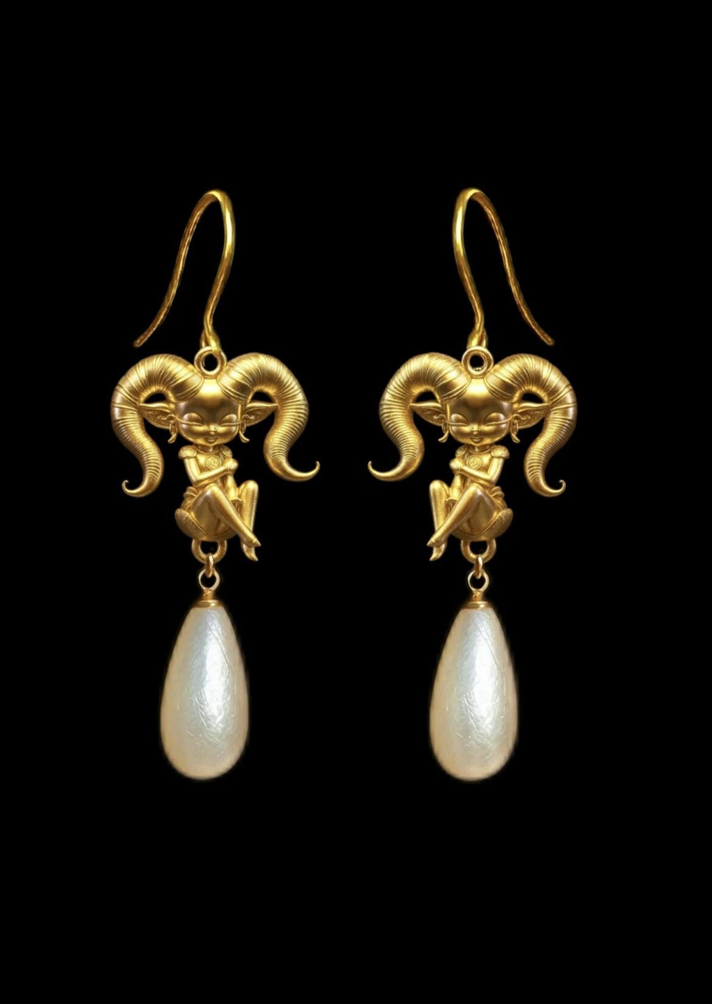 Aries Zodiac Earrings | Gold Ram & Pearl, Sterling Silver Hooks