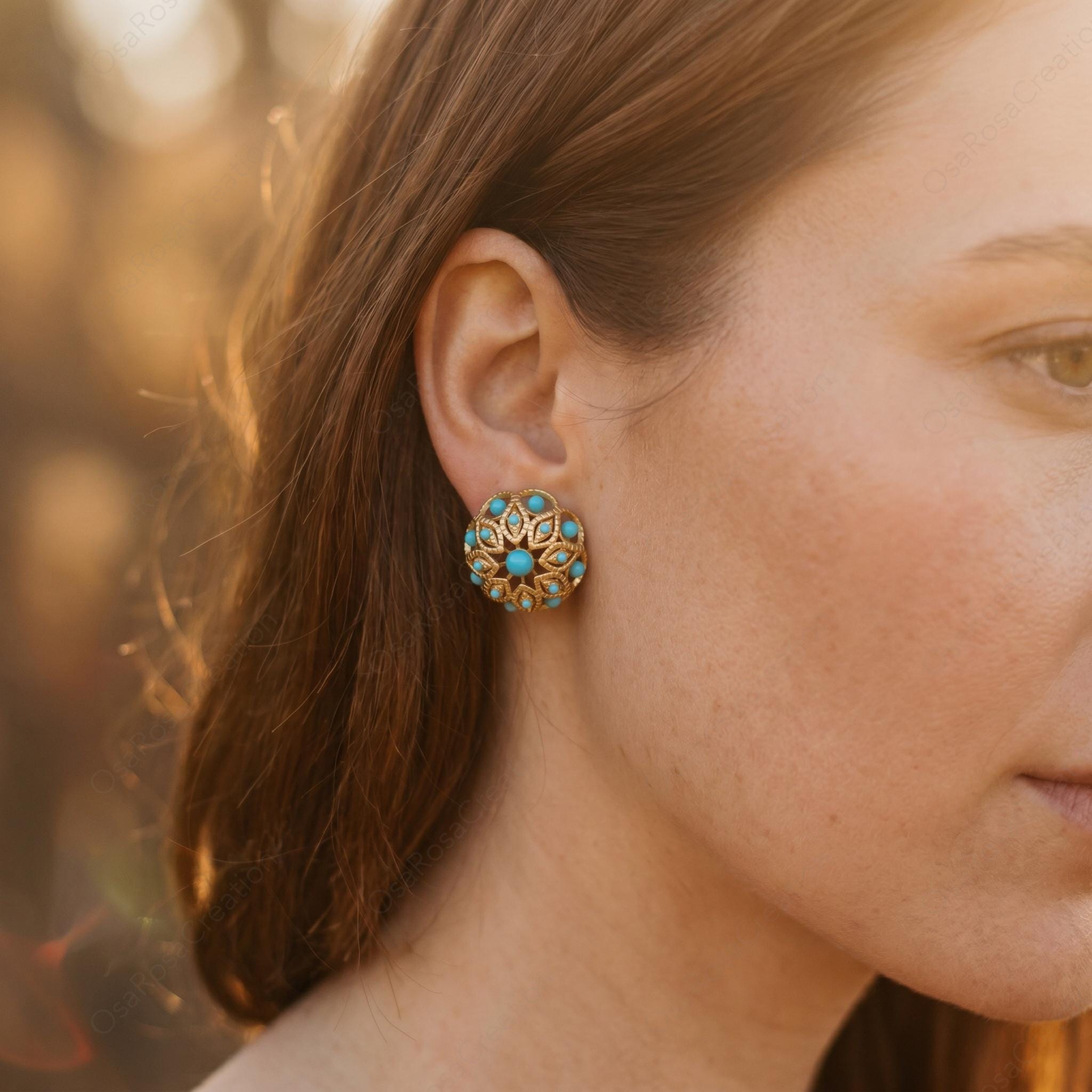 Vintage Style Turquoise Stud Earrings, Gold Filigree Floral Earrings, Mediterranean Art Deco Jewelry, Elegant Statement Earrings for Women