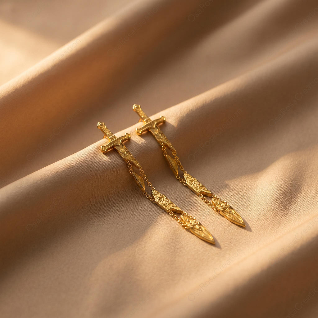 Gold Sword Drop Earrings, Sculptural Dagger Dangle Earrings, Medieval Inspired Jewelry, Edgy Statement Earrings, Unique Gift for Her