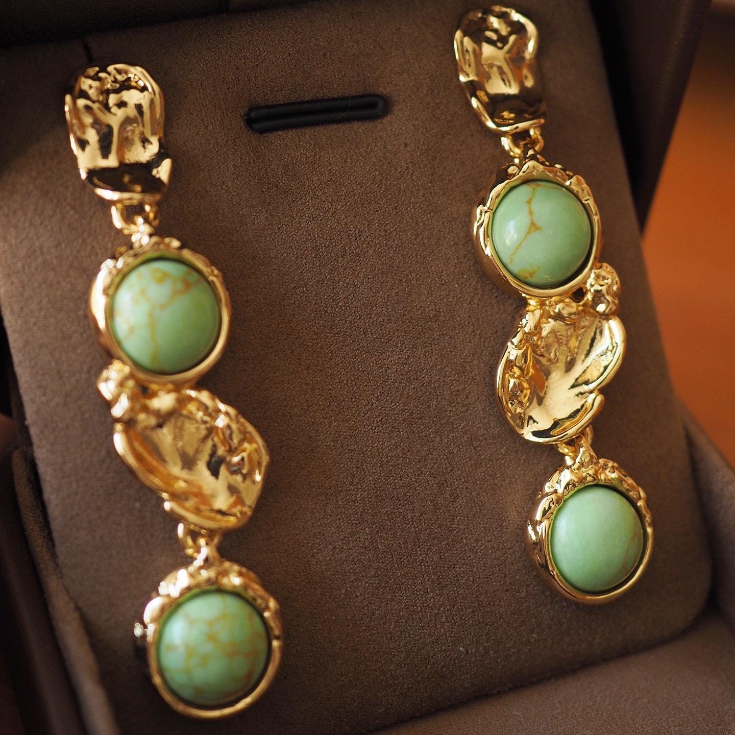 Gold Turquoise Dangle Earrings, Baroque Sculptural Jewelry, 925 Silver Post