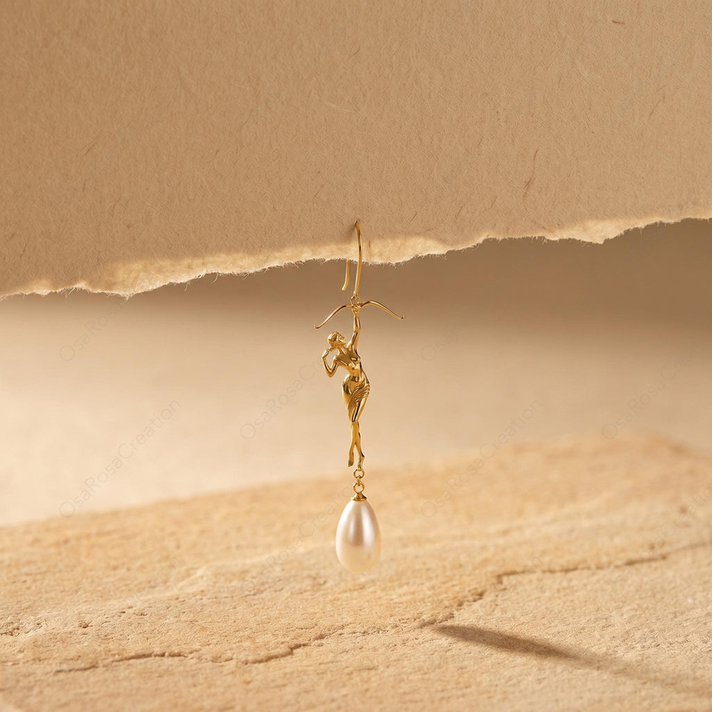 Sagittarius Earrings, Gold Archer Pearl Drop Earrings, Zodiac Statement Earrings, Sculptural Figure Jewelry