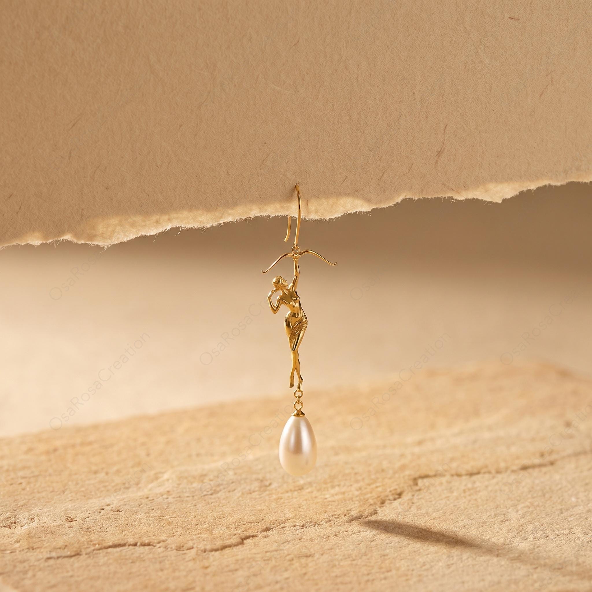 Sagittarius Earrings, Gold Archer Pearl Drop Earrings, Zodiac Statement Earrings, Sculptural Figure Jewelry