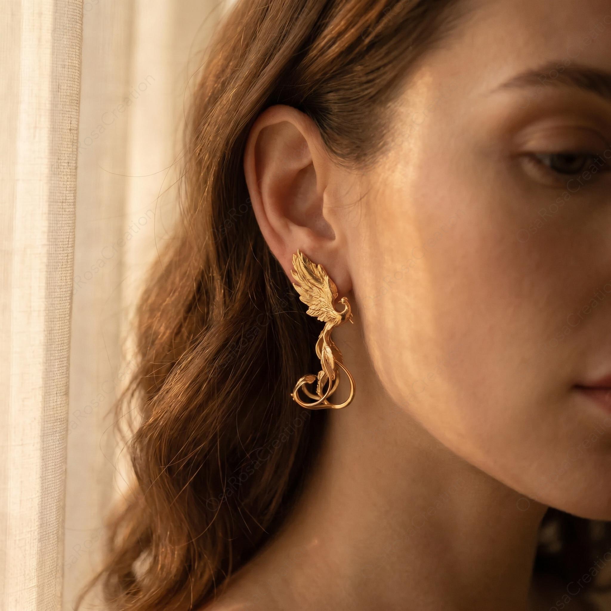 Gold Phoenix Earrings • 18k Plated Brass, S925 Post,Symbol of Rebirth & Strength •New Beginning Gift