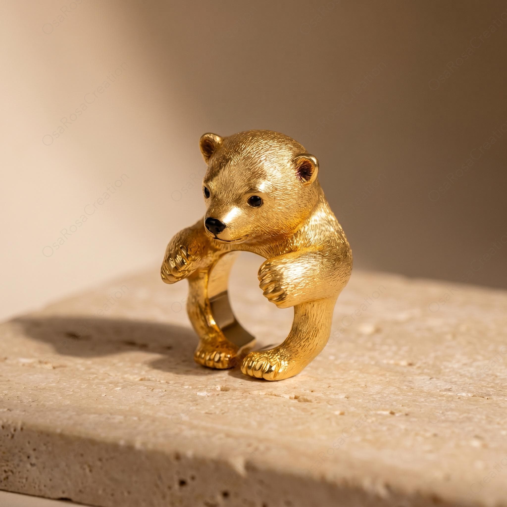 Sculptural Gold Bear Ring | Woodland Animal Hugging Jewelry, Nature Inspired Gift