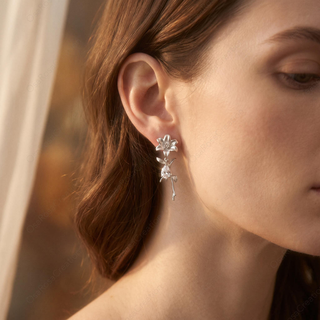 Asymmetrical Lily Earrings, Silver Floral Drop Earrings, Botanical Jewelry, Teardrop Crystal Earrings