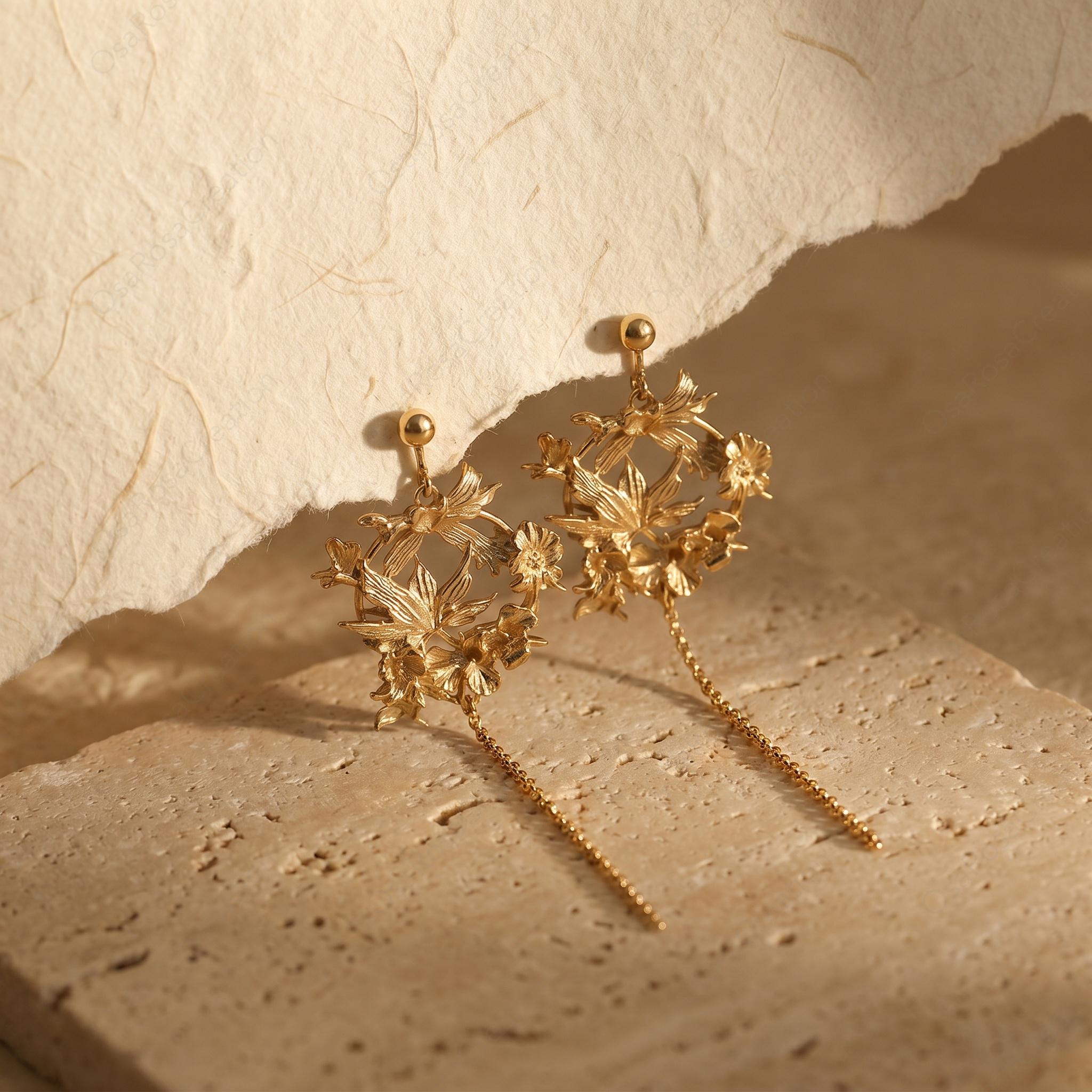 Gold Floral Wreath Earrings • Art Nouveau Lily Tassel • Botanical Wedding Jewelry
