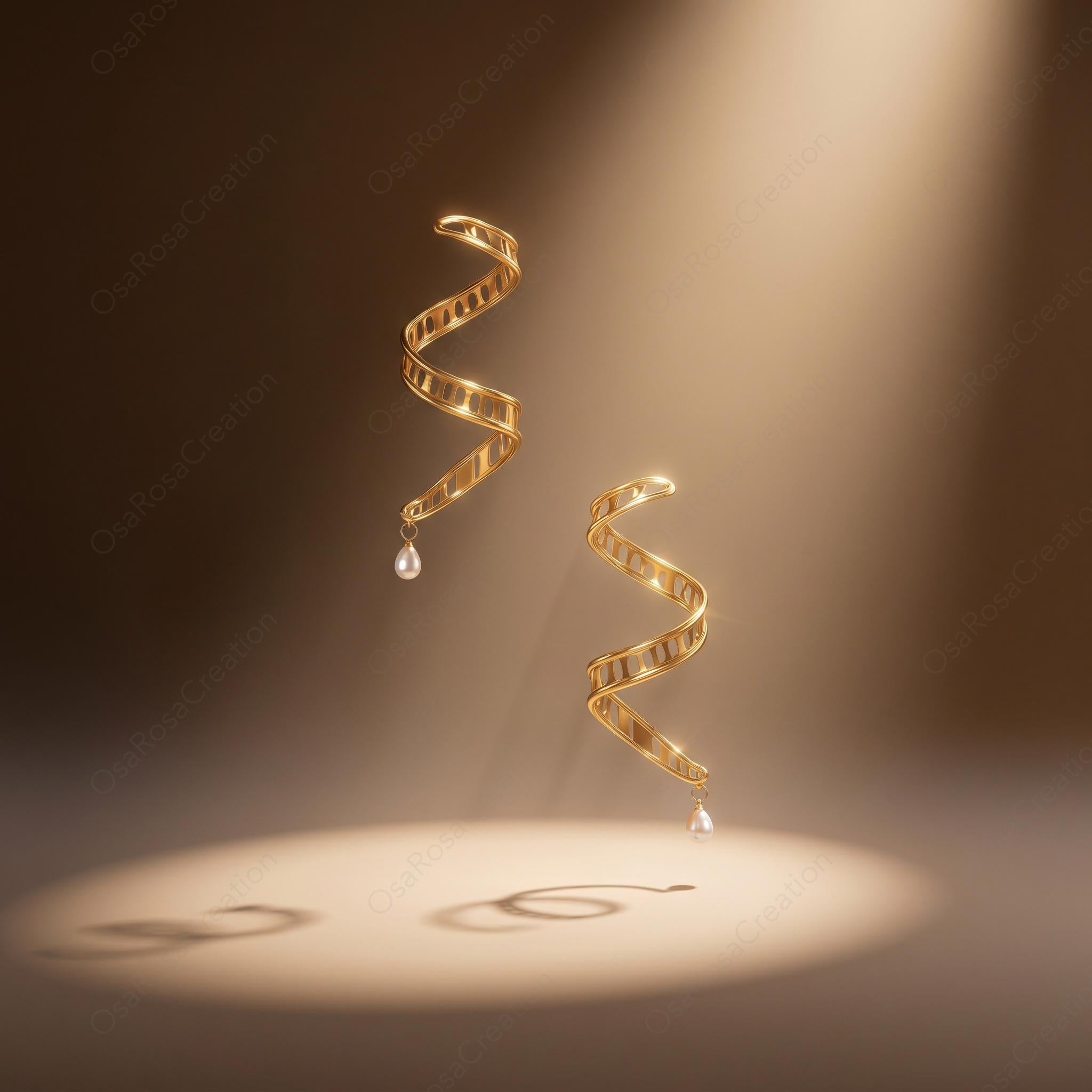 Gold DNA Helix Earrings • Pearl Drop, Science Jewelry