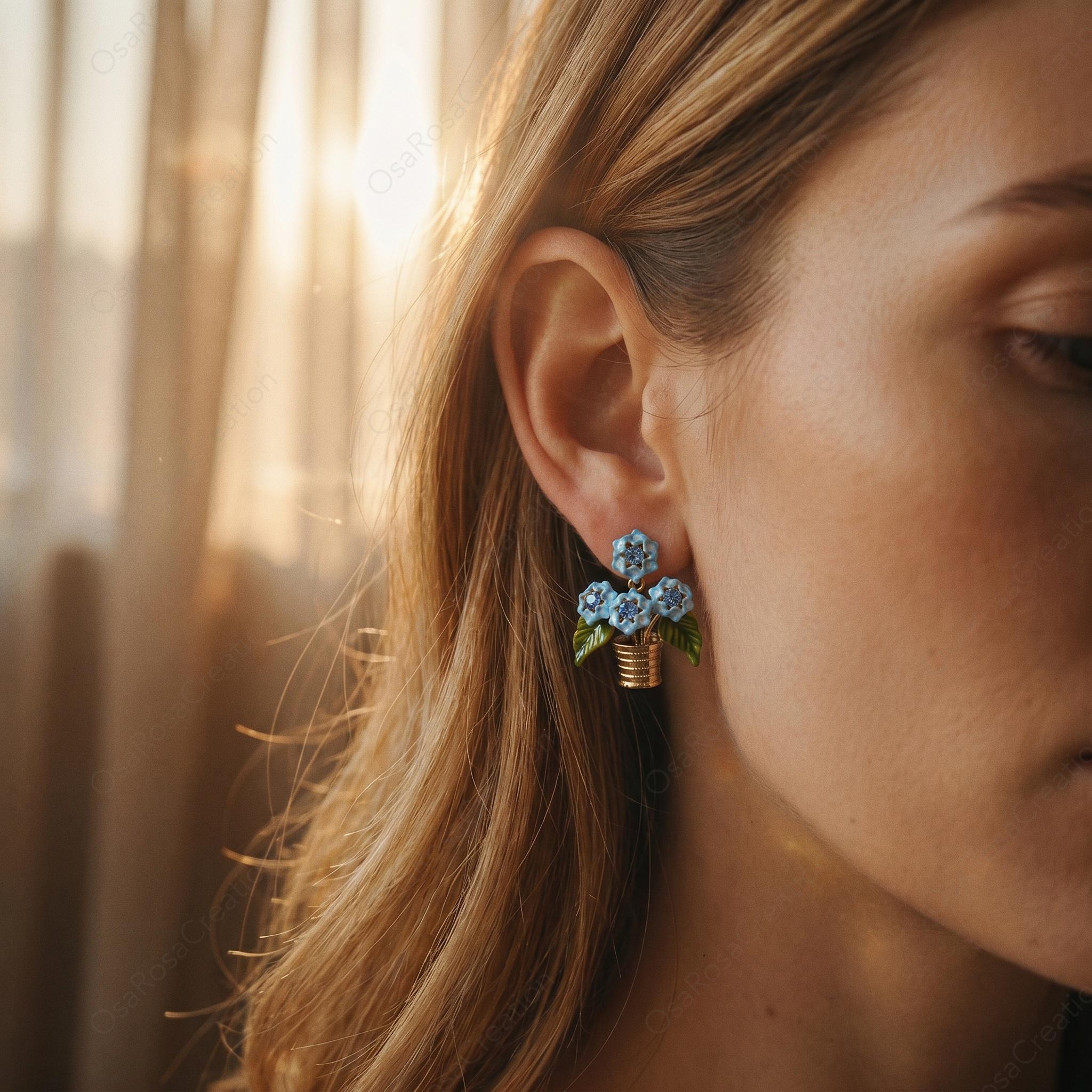 Blue Floral Basket Earrings, Vintage Enamel Flower Studs, French Garden Jewelry, Botanical Gold Earrings, Elegant Spring Accessory