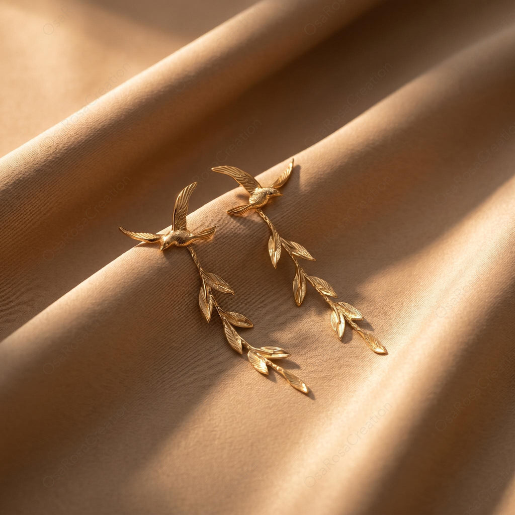 Gold Swallow Earrings • Olive Branch Dangle, Boho Bridal • 18K gold plated