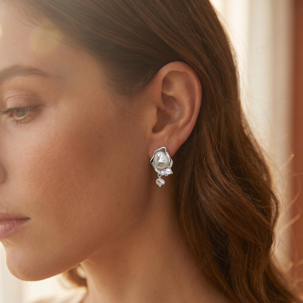 Silver Baroque Pearl Drop Earrings, Organic Wavy Studs, Bridal Jewelry