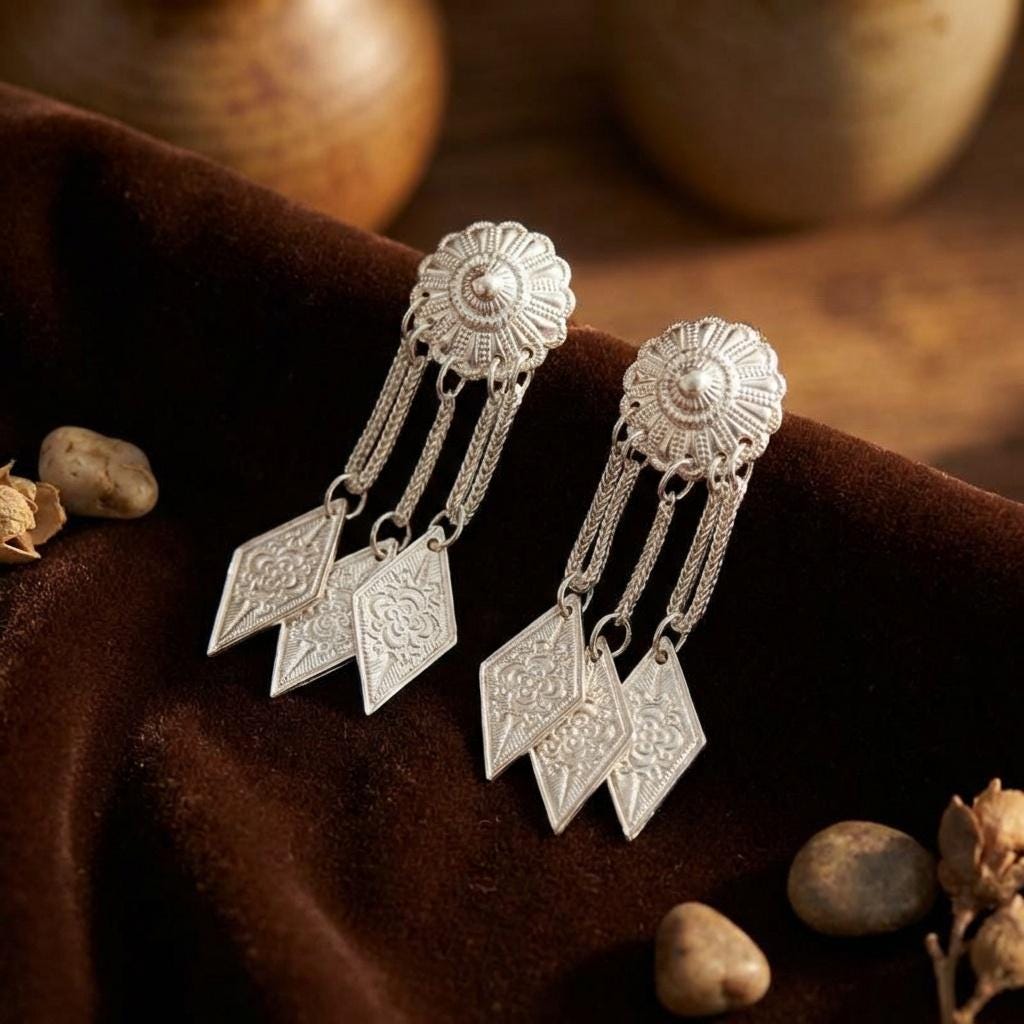 Silver Sunburst Tassel Earrings • Boho Flower Stud, Diamond Drop