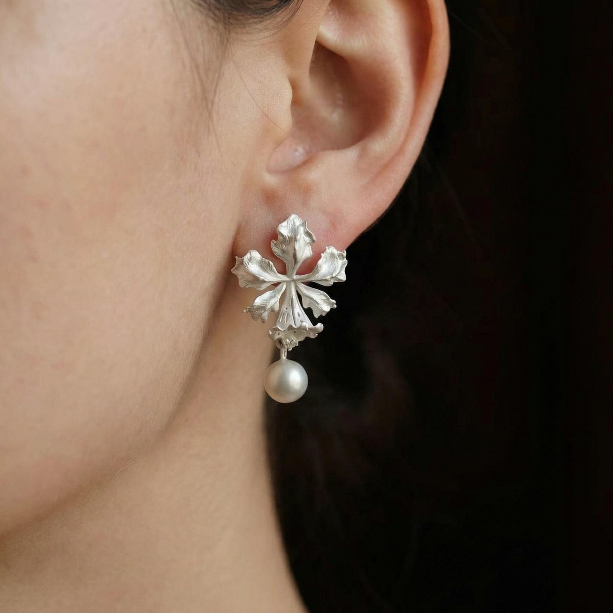 Matte Silver Orchid Pearl Drop Earrings • Botanical Bridal Jewelry