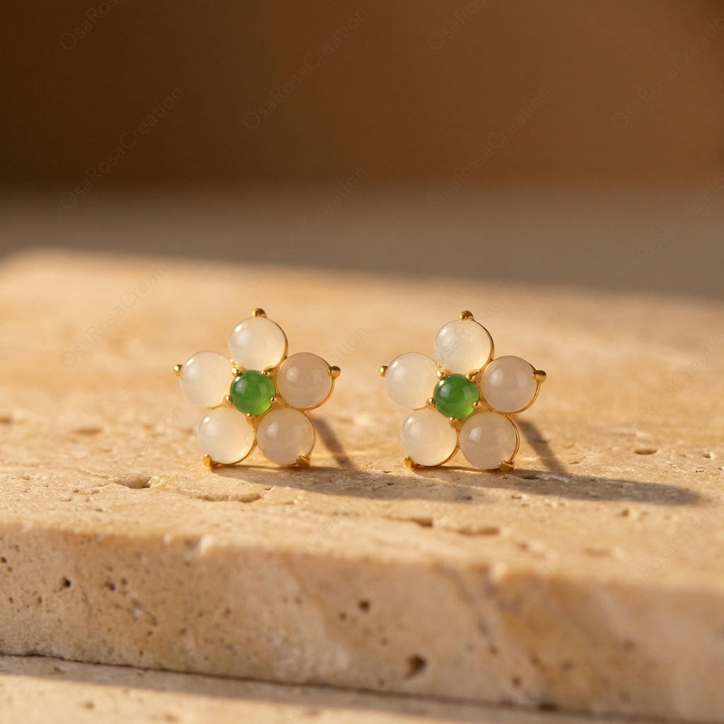 White Floral Earrings, Green Stone Botanical Dangle, Gold-Plated Brass, Sterling Silver Post