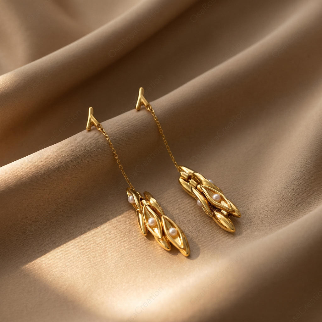 Sculptural Gold Pearl Drop Earrings, Nature Inspired Botanical Jewelry