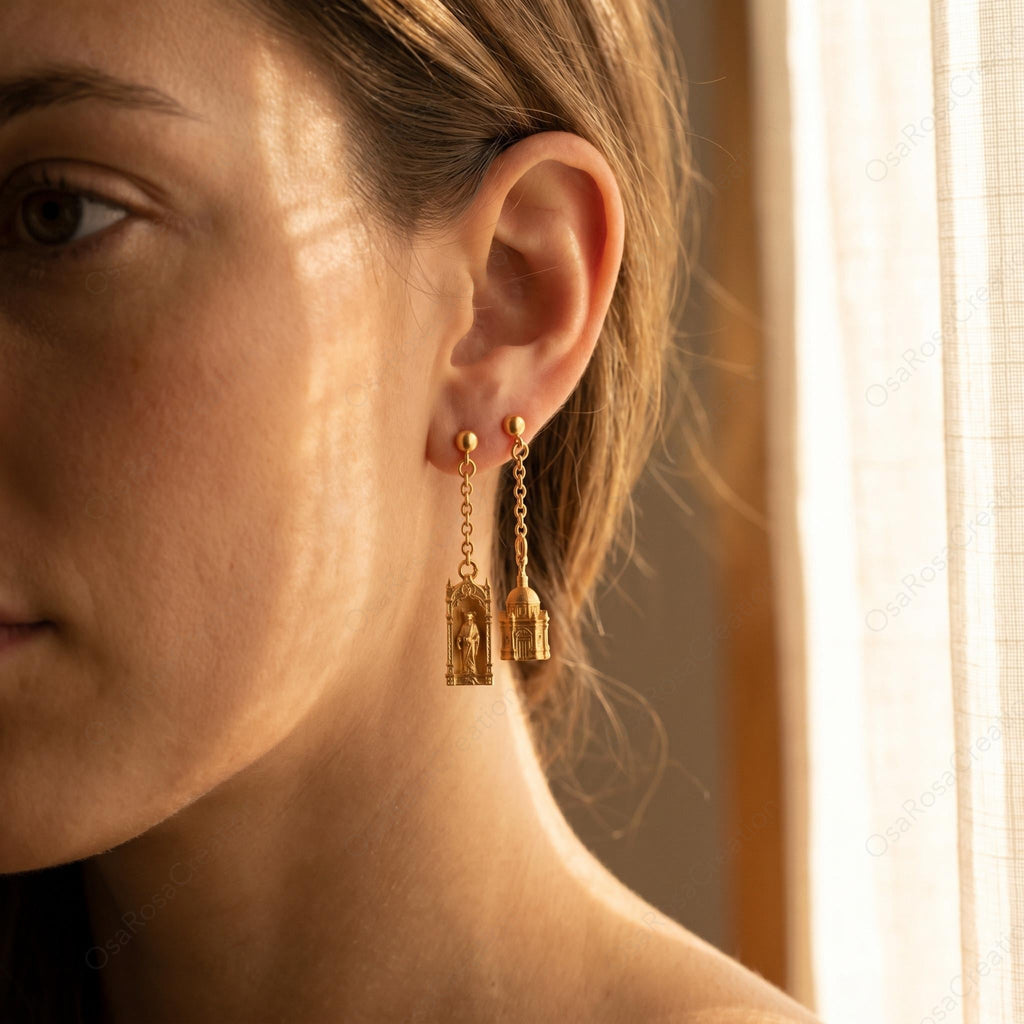 Cat Castle Earrings | Gold Baroque Basilica Dangle Earrings | Architecture Jewelry